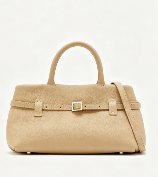 Neutral Pebbled Leather Belted Mini Handbag