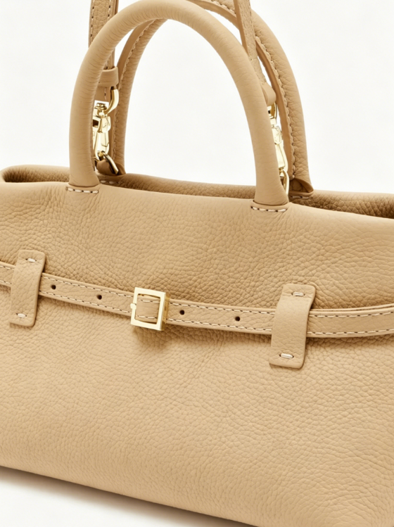 Neutral Pebbled Leather Belted Mini Handbag