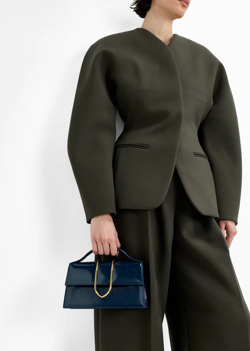 Glossy Navy Structured Handheld Shoulder Bag
